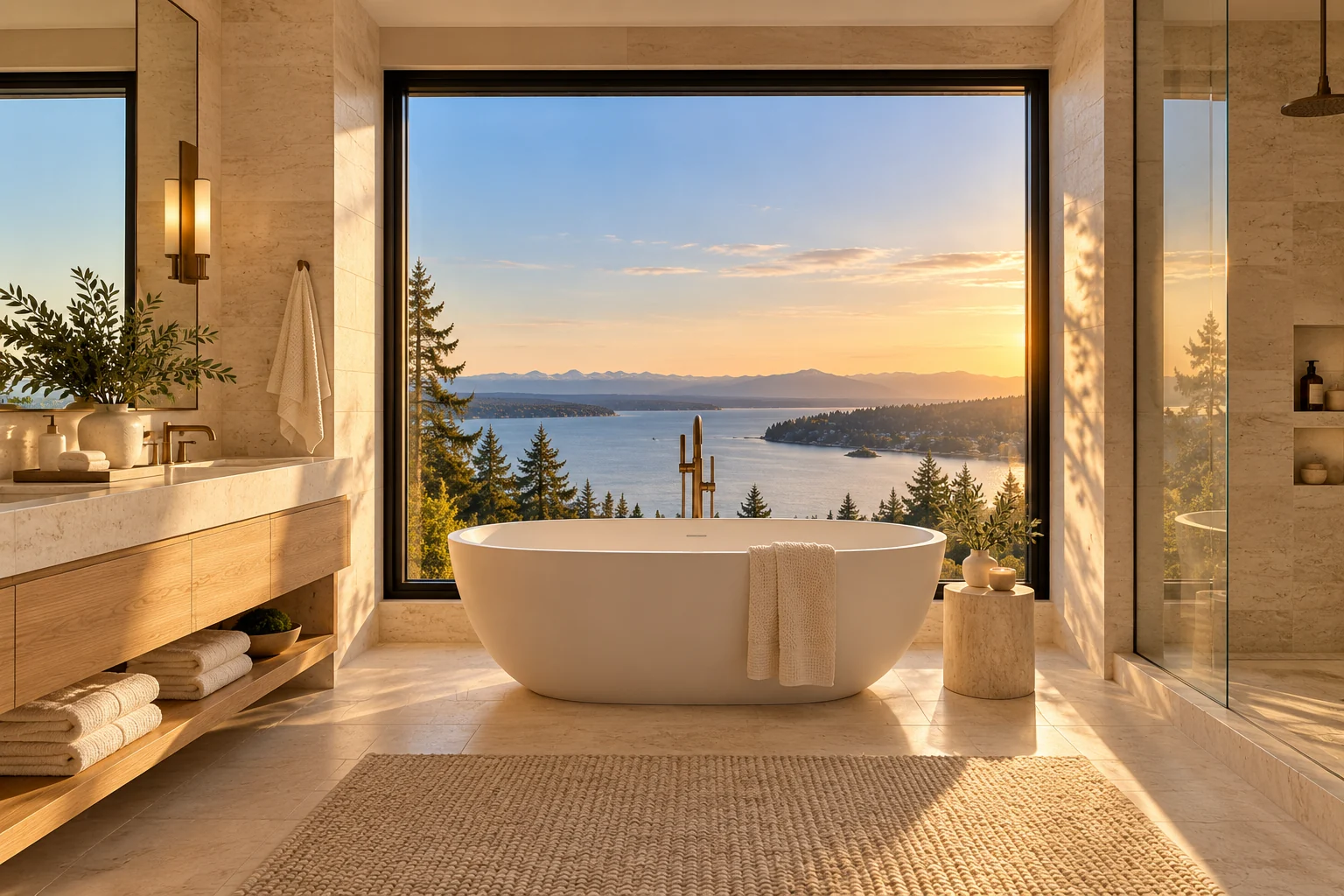 AI-created spa bathroom with freestanding tub and water views